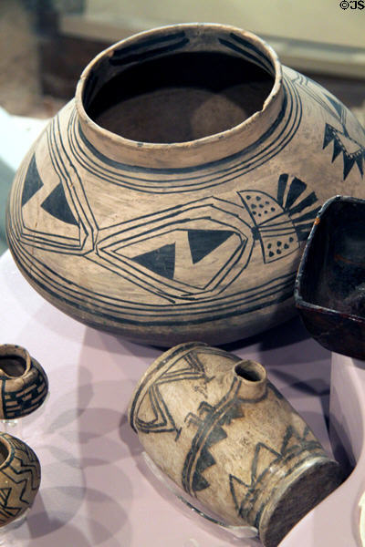 Rio Grande polychrome glazed pottery pot & barrel with geometric designs (c1325-1500) at Maxwell Museum of Anthropology. Albuquerque, NM.