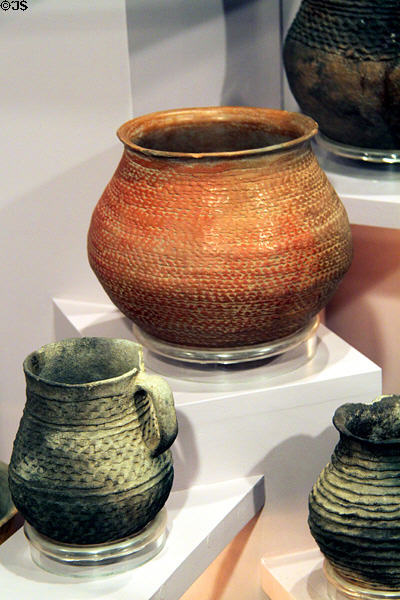 Corrugated Southwest native pottery jars (c1000-1300) at Maxwell Museum of Anthropology. Albuquerque, NM.