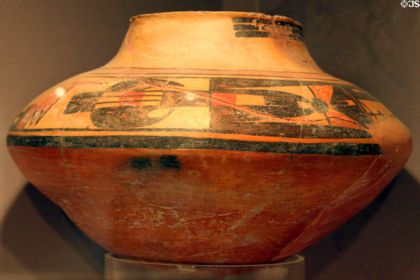 Pottery Mound on Rio Grande polychrome glazed pottery jar with geometric design (c1350-1400) at Maxwell Museum of Anthropology. Albuquerque, NM.