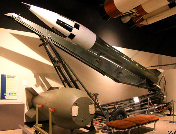 Mk 5 nuclear bomb (1950s) under Honest John rocket at National Museum of Nuclear Science & History. Albuquerque, NM.