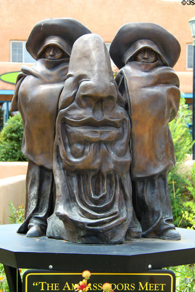The Ambassadors Meet sculpture (c2011) by Charles Collins on Taos Plaza. Taos, NM.