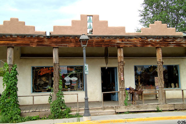 Shop with carved spiral columns (109B Kit Carson Road). Taos, NM.