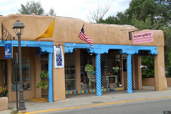 Howell Building (1948) with spiral blue columns (121 Kit Carson Road). Taos, NM.