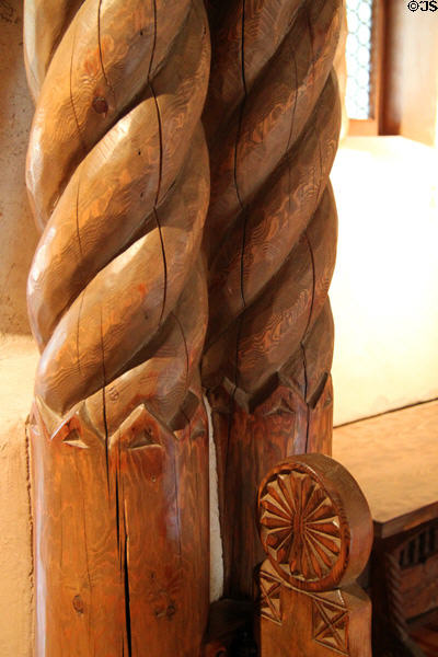 Spiral carved poles at Taos Art Museum. Taos, NM.