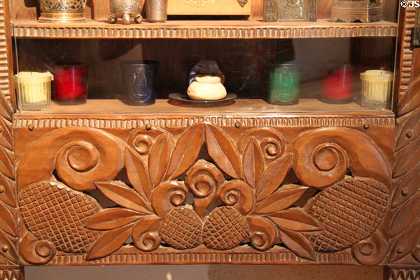 Details of carved corner shrine at Taos Art Museum. Taos, NM.