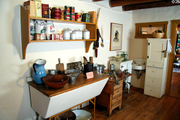 Kitchen supplies & utensils in Blumenschein Home & Museum. Taos, NM.