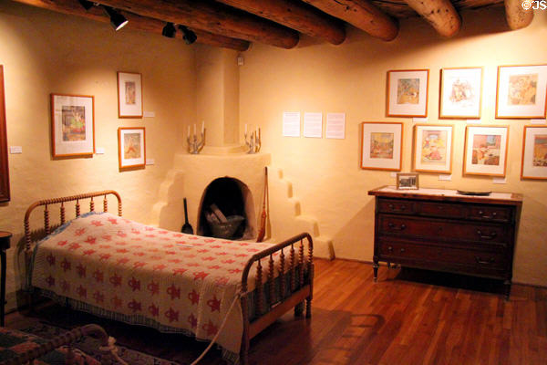 Bedroom with original art at Blumenschein Home & Museum. Taos, NM.