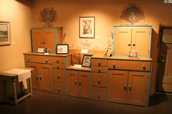 Custom built cabinets with wall murals at Blumenschein Home & Museum. Taos, NM.