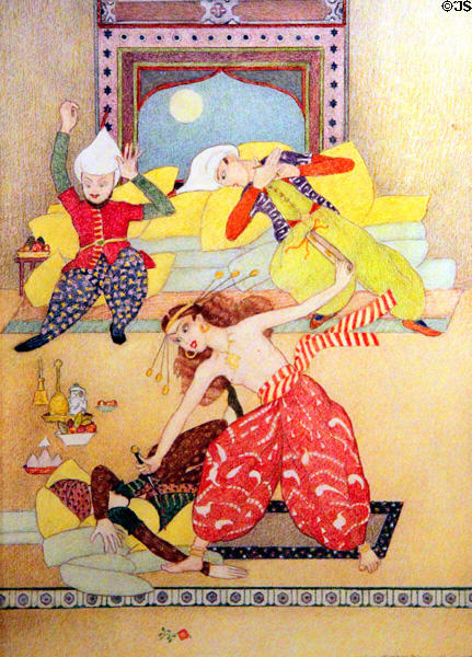 Morgiana Stabbing the Last of the Bandits at the Feast in Arabian Nights drawing series (1945) by Mary Greene Blumenschein at Blumenschein Home & Museum. Taos, NM.
