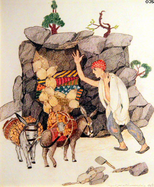 Ali Baba Opening the Bandits Cave with the Magic Words - 'Open Sesame' in Arabian Nights drawing series (1945) by Mary Greene Blumenschein at Blumenschein Home & Museum. Taos, NM.