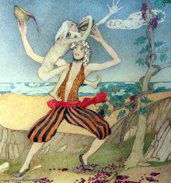 Fifth Voyage of Sinbad the Sailor with Old Man of the Sea in Arabian Nights drawing series (1945) by Mary Greene Blumenschein at Blumenschein Home & Museum. Taos, NM.