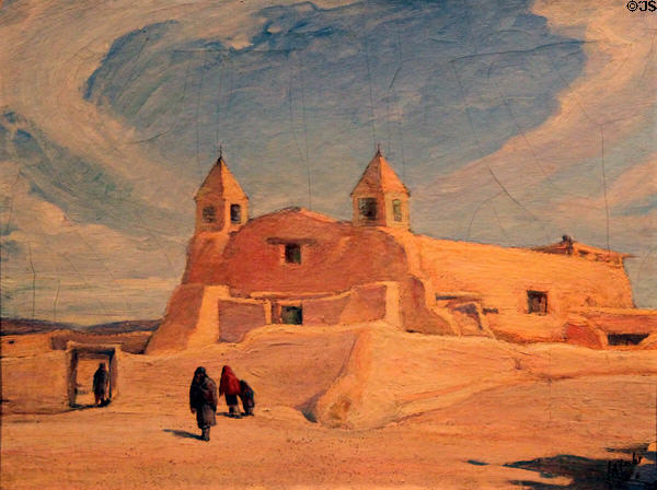 Mission at Isleta painting (1908) by Joseph Imhof at Harwood Museum of Art. Taos, NM.