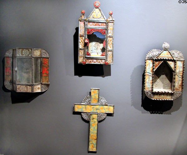 Tinwork niches (ranging 1865-1910) by various tinsmiths at Harwood Museum of Art. Taos, NM.
