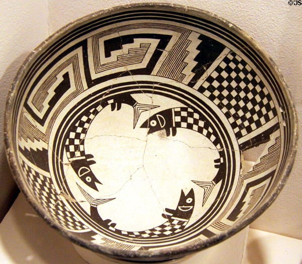 Mimbres bowl showing fish (c1100) from Mogollon southern New Mexico at Millicent Rogers Museum. Taos, NM.