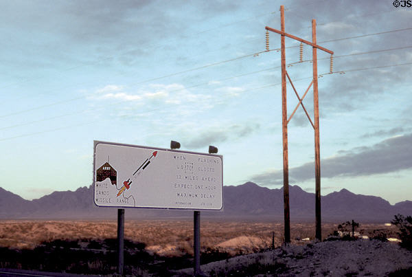 New Mexico White Sands Missile Range sign gives warning when road closed due to rocket firings. NM.
