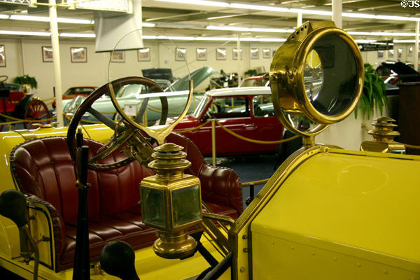 Brass lamps & round glass windscreen of American LeFrance Speedster (1918) at Auto Collection at Imperial Palace. Las Vegas, NV.