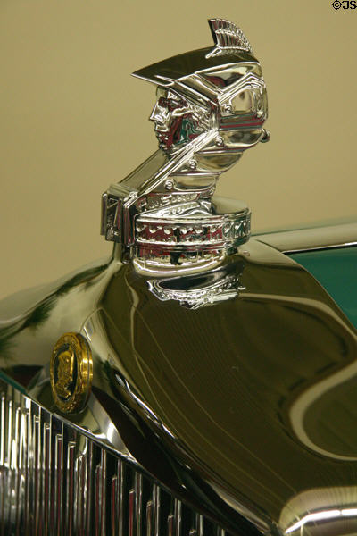 Hood ornament of Minerva 8 AL Rollston Convertible Sedan (1931) at Auto Collection at Imperial Palace. Las Vegas, NV.