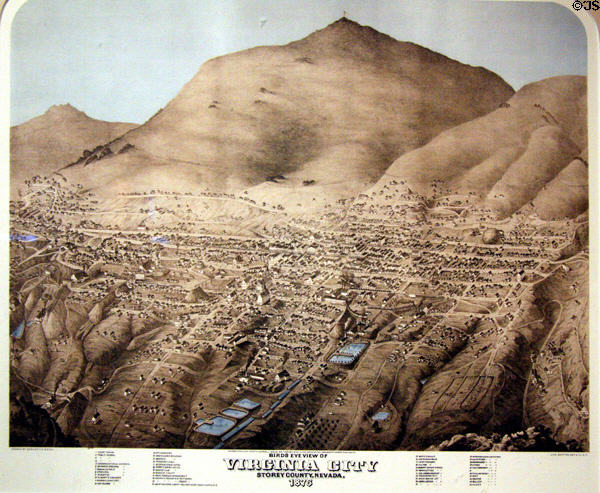 Birds eye view map of Virginia City (1875) at Nevada State Museum. Carson City, NV.