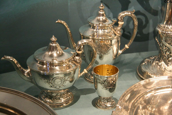 Battleship USS Nevada silver service coffee & tea pots (1915) by Gorham & Co. at Nevada State Museum. Carson City, NV.