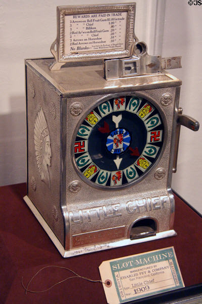 Little Chief (1909) slot machine with spinning arrow by Fey at Nevada State Museum. Carson City, NV.