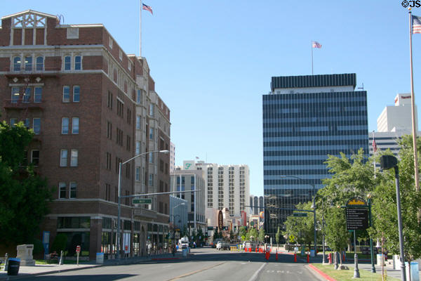 View up Virginia Street with Riverside Hotel (1927) by Frederic DeLongchamps & Reno City Hall (1962) (16 floors). Reno, NV.