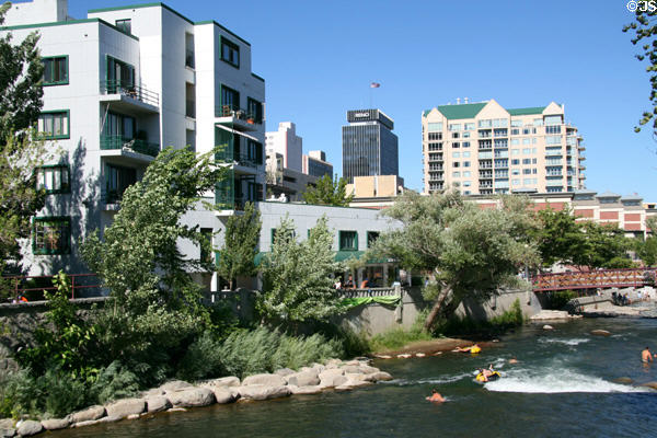 Residences along Truckee Riverwalk & Park with Reno City Hall & The Palladio. Reno, NV.