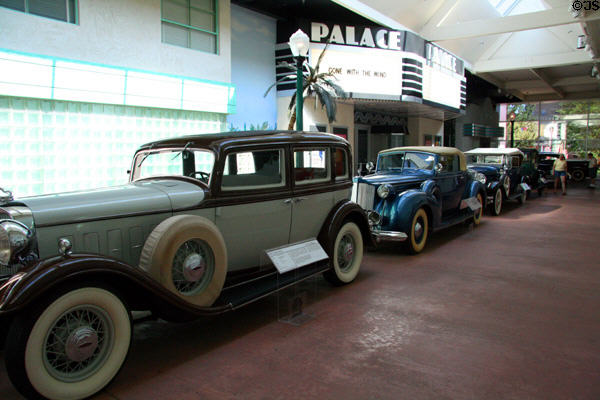 Lincoln (1932) , Packard (1938) & Jordan (1930) on Art Deco street at National Automobile Museum. Reno, NV.