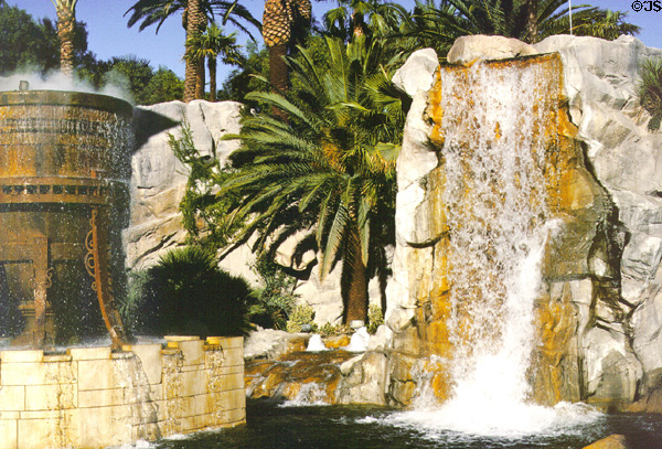 Steaming oriental fountain & waterfall at Mandalay Bay. Las Vegas, NV.
