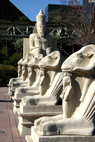 Replica row of ram carvings in ancient Egyptian style at Luxor Las Vegas Hotel. Las Vegas, NV.