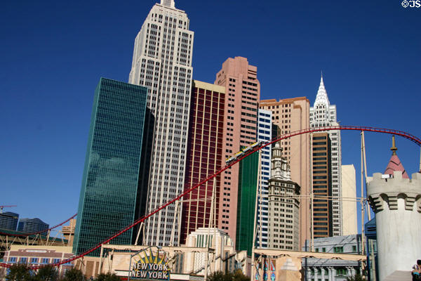 Roller coaster circles exterior of New York, New York Hotel & Casino. Las Vegas, NV.