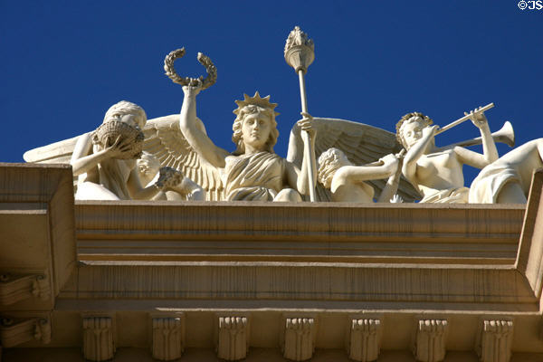 Figure group atop entrance arch at Monte Carlo Las Vegas. Las Vegas, NV.