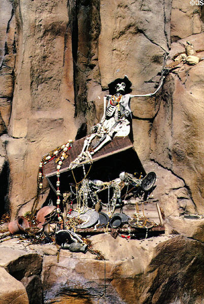 Skeleton on a pirate's treasure chest at Treasure Island. Las Vegas, NV.