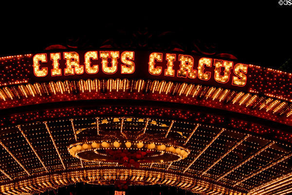 Circus Circus Hotel entrance overhang at night. Las Vegas, NV.