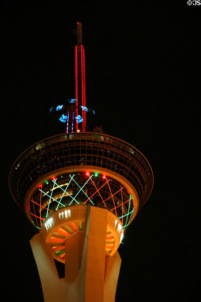 Upper pod of Stratosphere Tower with amusement rides on top. Las Vegas, NV.