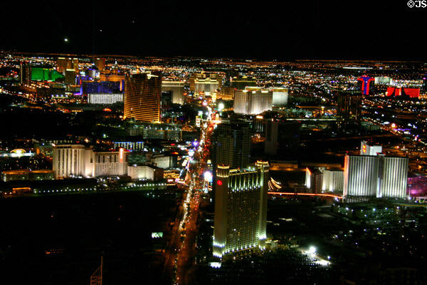 View of the Strip at night from top of Stratosphere Tower out to the MGM Hotel. Las Vegas, NV.
