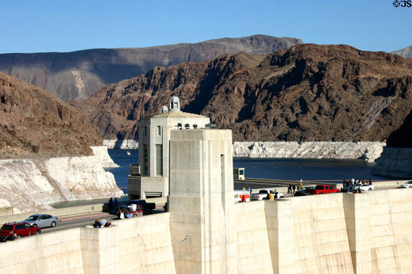 Crest of Hoover Dam serves as sole major but congested road across Colorado River Canyon between Las Vegas & Arizona. Las Vegas, NV.