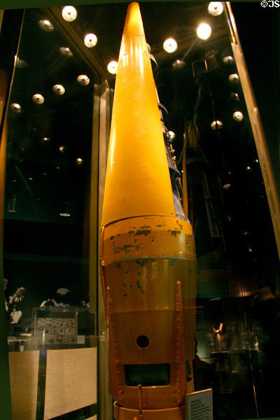 Rocket nose cone used to collect radioactive samples during Christmas Island nuclear tests in 1960s at Atomic Testing Museum. Las Vegas, NV.