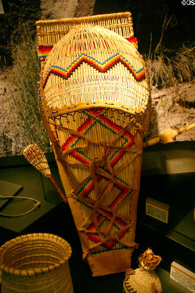 Native American cradle board from tribe that once inhabited U.S. Nuclear Test range at Atomic Testing Museum. Las Vegas, NV.