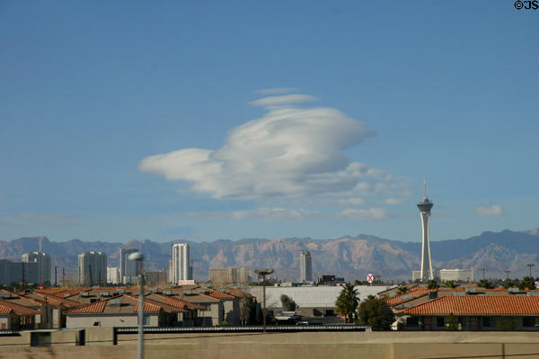 Skyline of Las Vegas Strip against mountain backdrop. Las Vegas, NV.