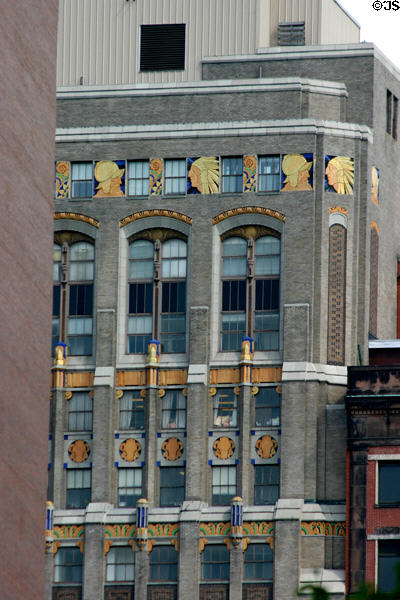 Home Savings Bank Building (1927) (North Pearl St.) (19 floors) with colored Indian chiefs & helmeted conquistadors. Albany, NY. Style: Art Deco. Architect: Dennison & Hirons.