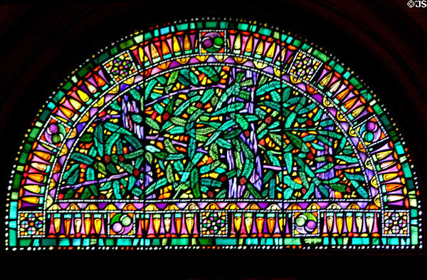 Stained glass in Governor's reception room showing grain agriculture in New York State Capitol. Albany, NY.