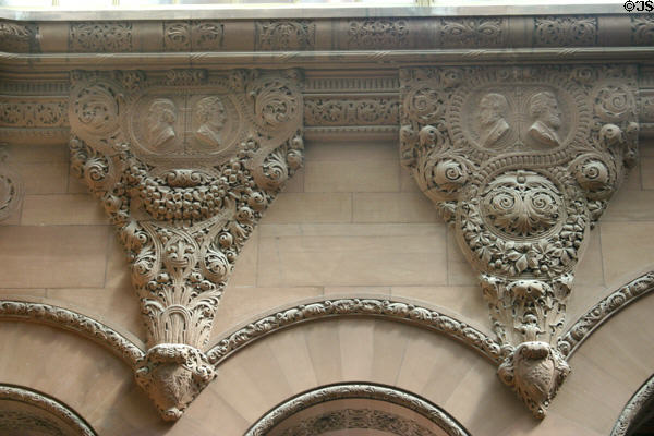 Prominent New Yorkers carved on Great Western staircase in New York State Capitol. Albany, NY.