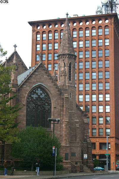 St Paul's Episcopal Cathedral (1851) against Guaranty / Prudential Building. Buffalo, NY. Style: Gothic-revival. Architect: Richard M. Upjohn. On National Register.