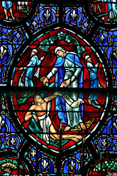 Stained glass of New Testament story in Westminster Presbyterian Church. Buffalo, NY.