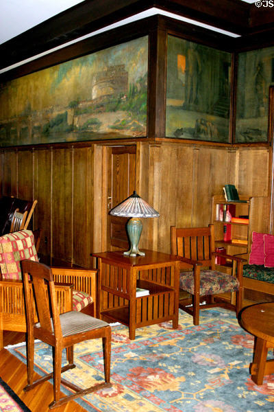 Murals + Arts & Crafts-style furniture in lobby of Roycroft Inn. East Aurora, NY.