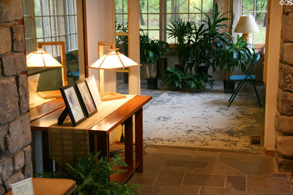 Conservatory layout with Wright-style table & lamp in Graycliff. Buffalo, NY.