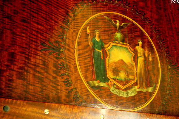 Seal of State of New York on Steinway Piano made for Pan-Am Exposition at Buffalo History Museum (BECHS). Buffalo, NY.