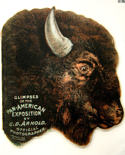 Book cover in shape of Buffalo for Glimpses of Pan-American Exposition by C.D. Arnold, Official Photographer (1898). NY.