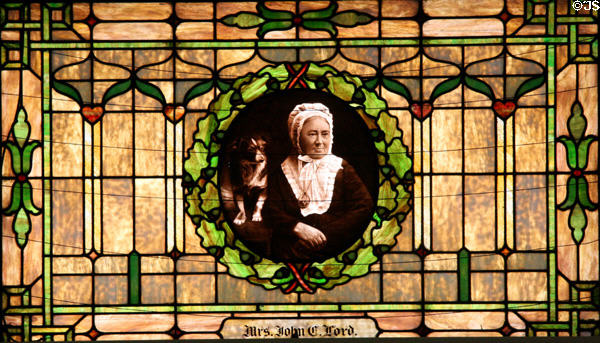 Stained glass window in Buffalo History Museum (BECHS) Library of Mrs. John C. Lord, wife of patron of Museum. Buffalo, NY.