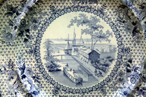 Blue transferware plate from Staffordshire, England showing Erie Canal at Buffalo in Buffalo History Museum (BECHS). Buffalo, NY.